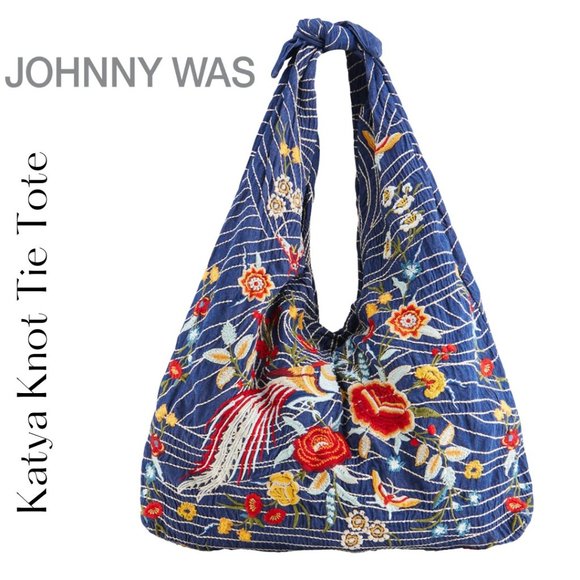 Johnny Was Handbags - NWT Johnny Was Katya Denim Blue Embroidered Tie Top Tote Bag Dark Blue